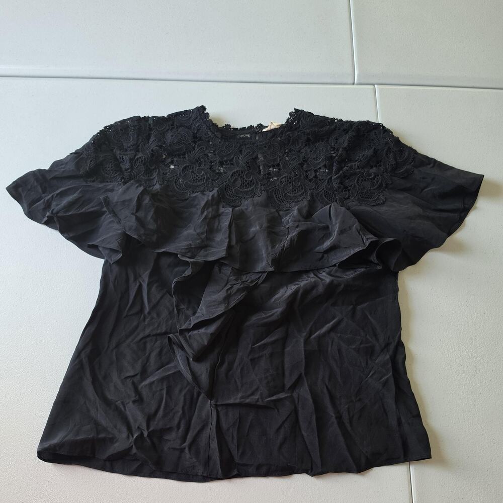 Rebecca Taylor Blouse Womens 6 Black Silk Crochet Lace Ruffle Whimsigoth Fairy